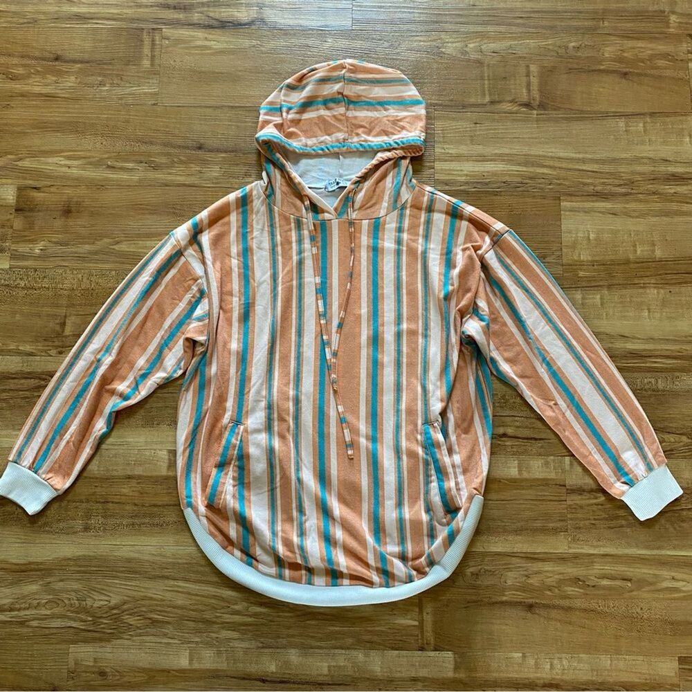 CRAZY TRAIN M Orange Teal Striped Hoodie Casual Western Boho Southwestern 70s